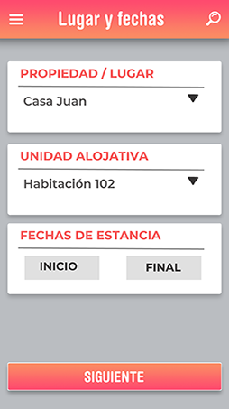 Indica ubicación o lugar de alojamiento, fecha de entrada y salida del huésped