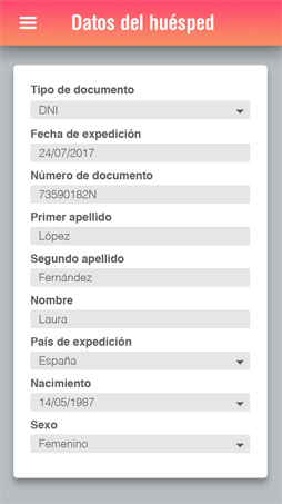 La APP lee y carga los datos escaneados del huésped